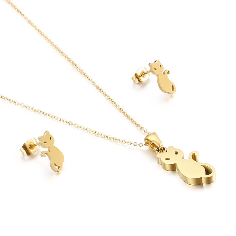 Cat Lady Set - 18K Gold Plated Cat Necklace and Earrings