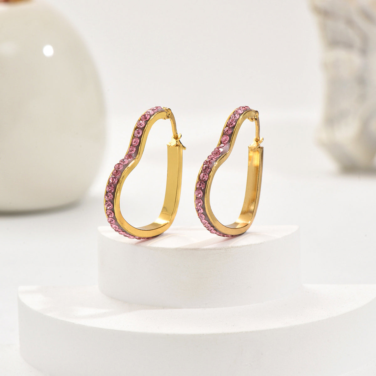 Pink Crystal Studded Heart Shaped Gold Plated Hoops