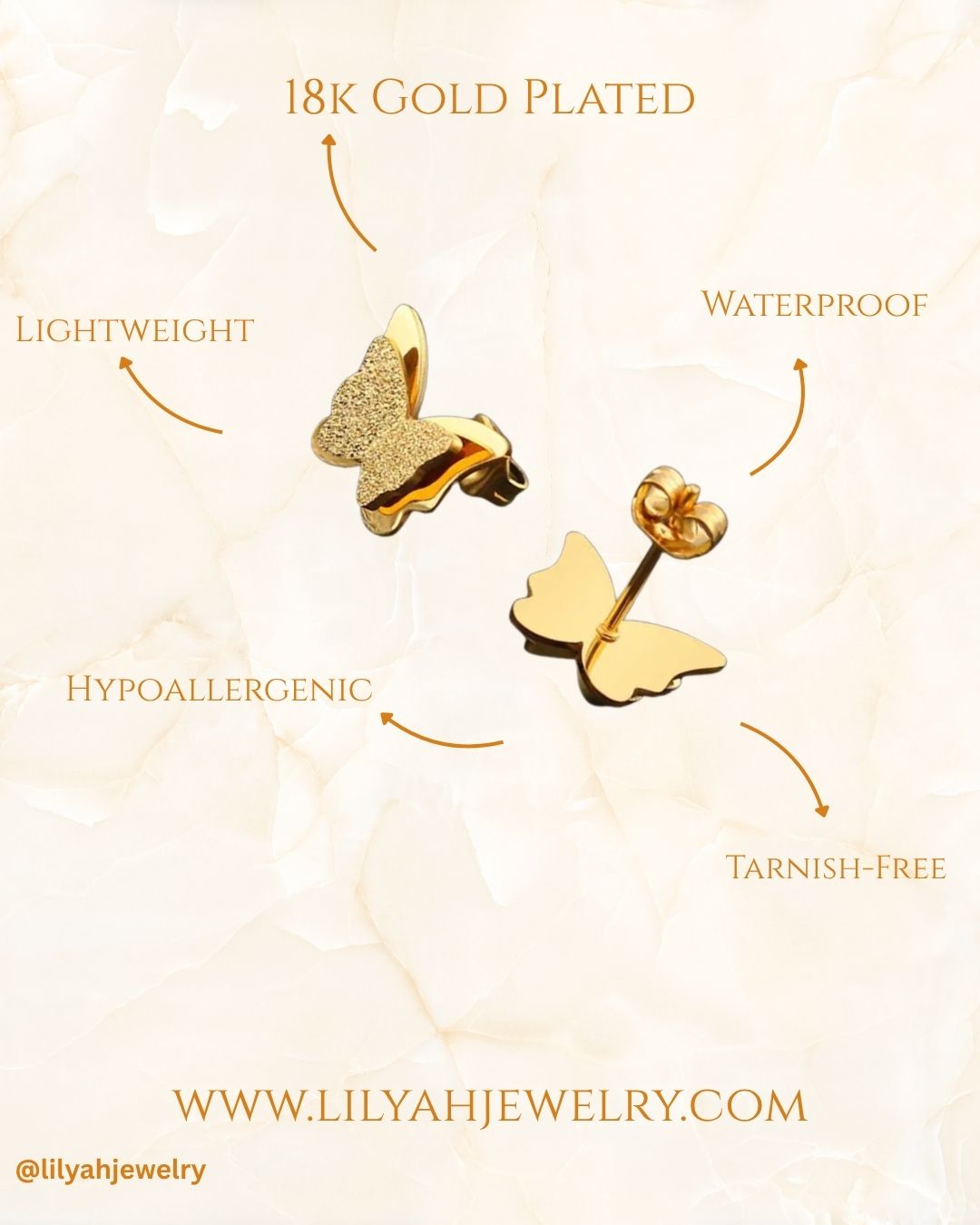 18k Gold Plated Butterfly Stud Earrings - Aurelia
