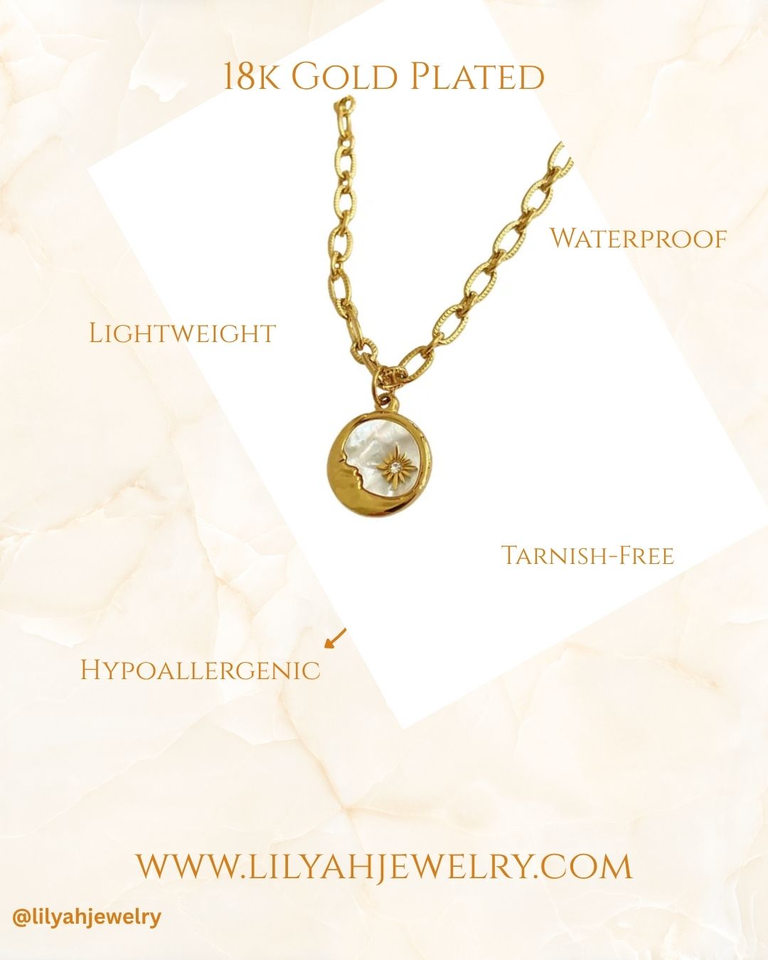 18K Gold Plated Crescent Moon Star Mother-of-Pearl Chain Necklace