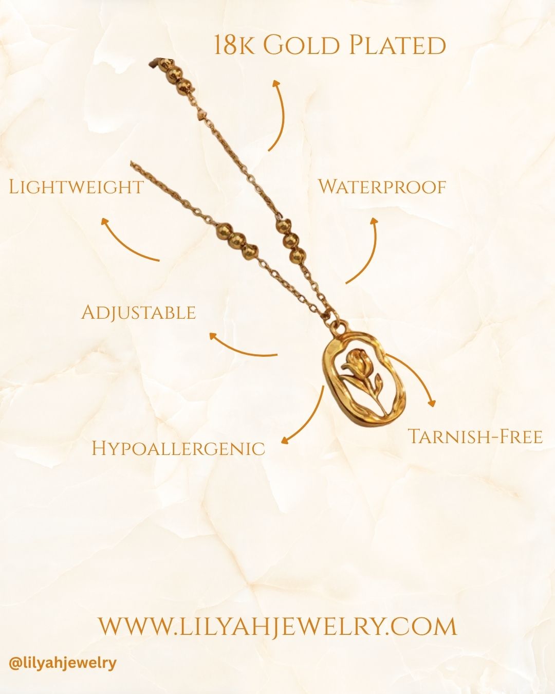 Gold necklace with rose pendant on a light background, featuring text about gold plating and jewelry features. It is a 18k gold plated necklace with a rose pendant. t is lightweight, waterproof, adjustable, hypoallergenic and tarnish free