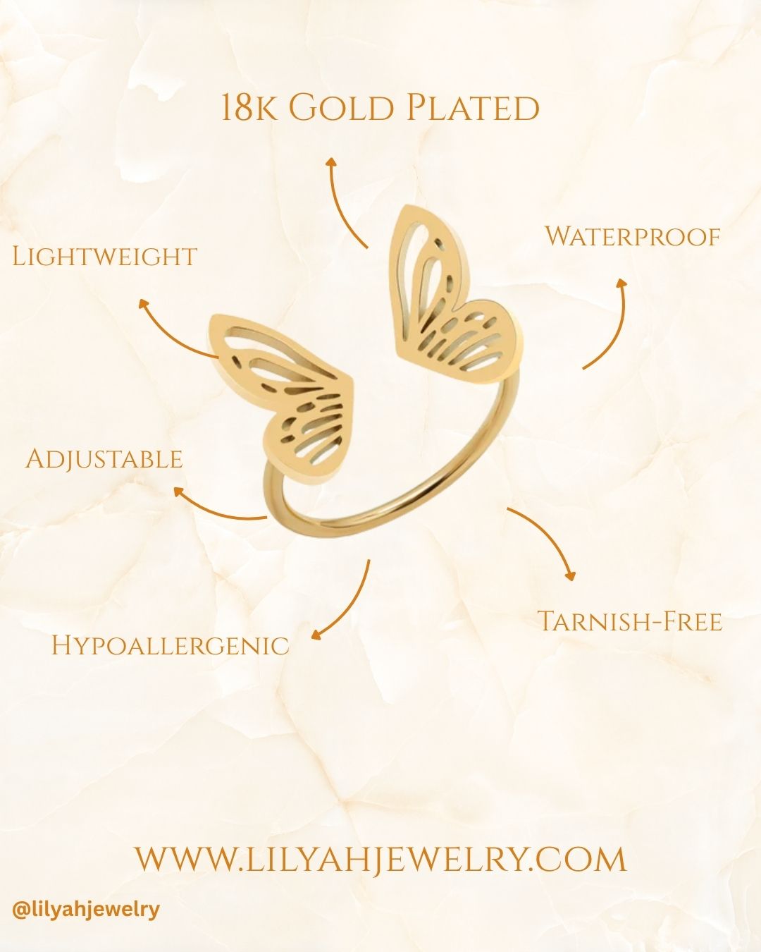 18k Gold Plated Butterfly Wing Open Ring - Elysia