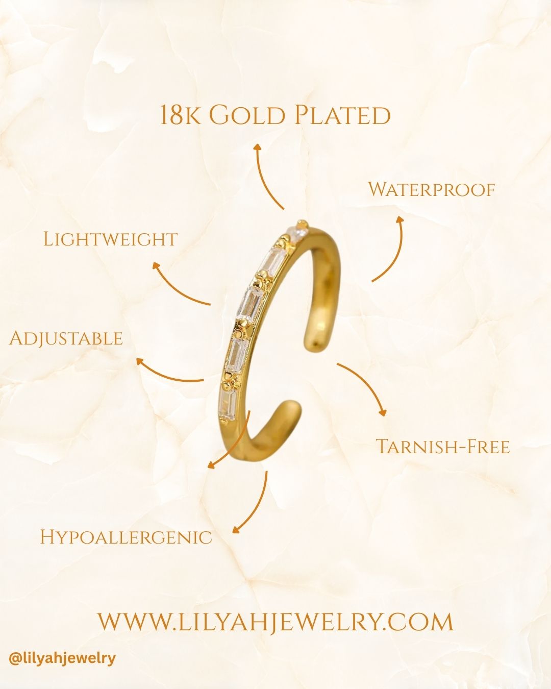 18K Gold Plated Adjustable Zircon Baguette Stacking Ring