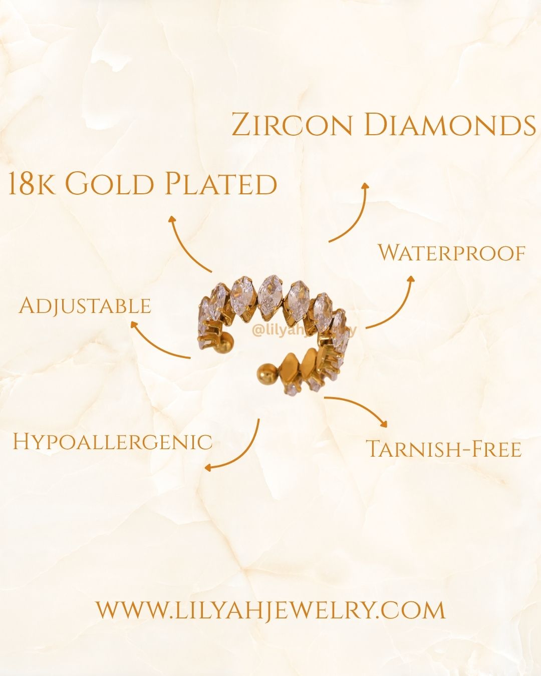 18K Gold Plated Marquise Zircon Statement Adjustable Ring