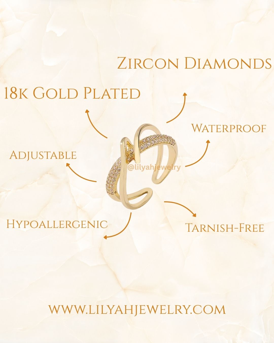 18K Gold Plated Infinity Twisted Pavé Zircon Adjustable Ring