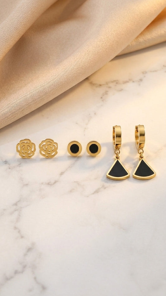 Black Earrings Set - Gold Plated Earring Set