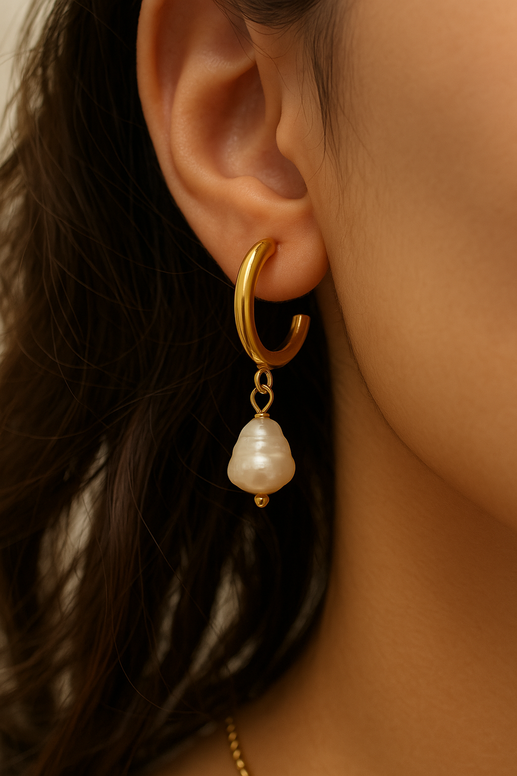 18k Gold Plated Pearl Drop Hoop Earrings - Ophelia