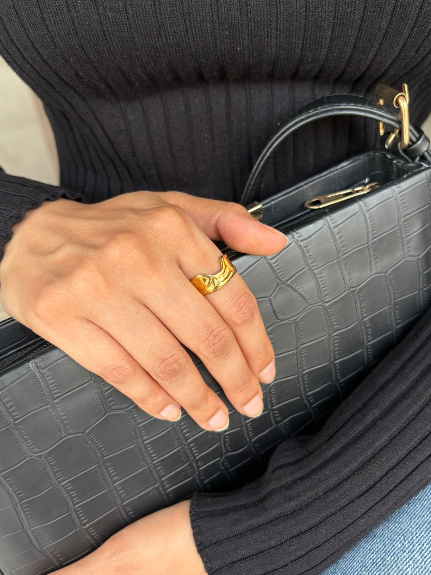 18k Gold Plated Golden Ripple Open Ring - Riviera
