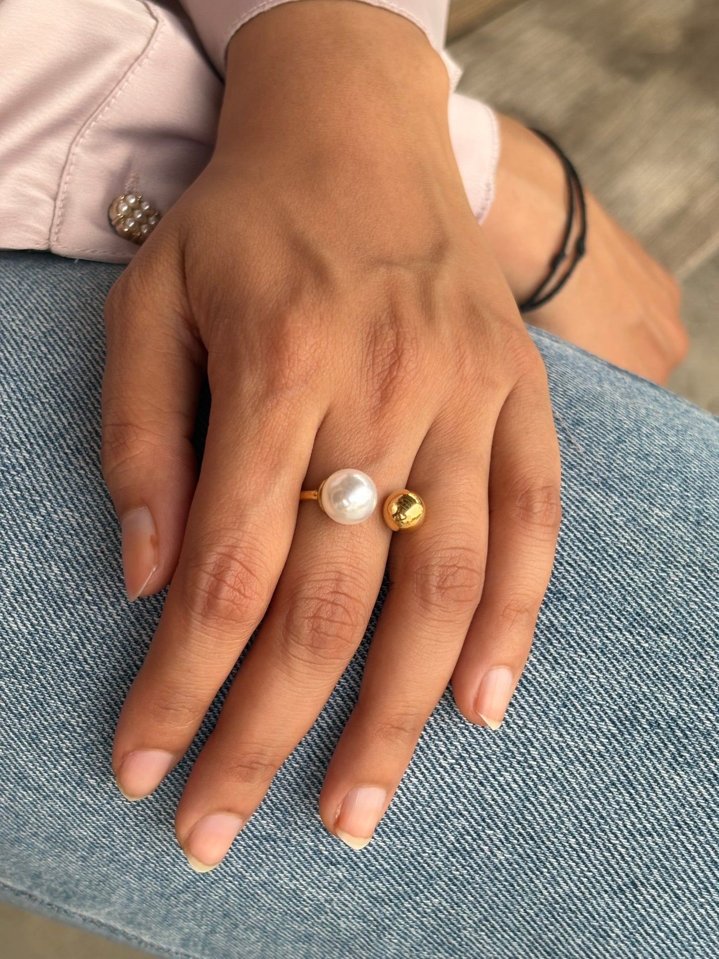 Lilyah Jewelry Gold Plated Ring . Stunning, minimalistic, adjustable, elegant and statement ring. Gift idea for her. Pearl and golden ring