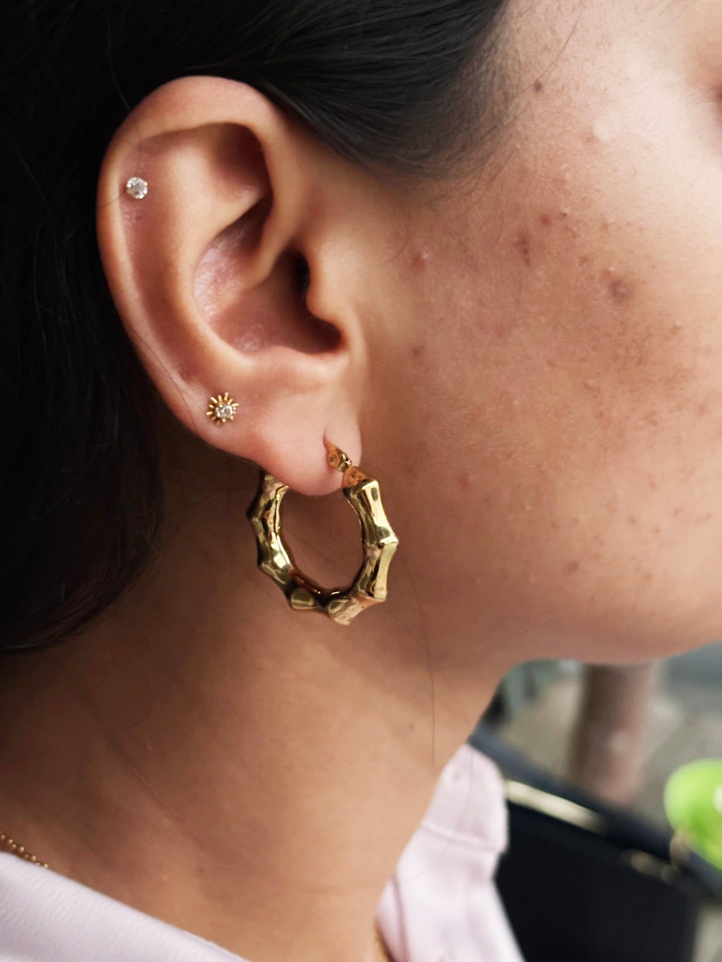 18k Gold Plated Textured Bamboo Hoop Earrings - Po