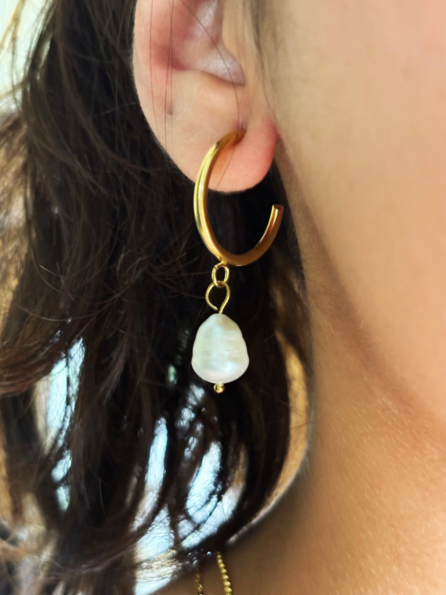 18k Gold Plated Pearl Drop Hoop Earrings - Ophelia