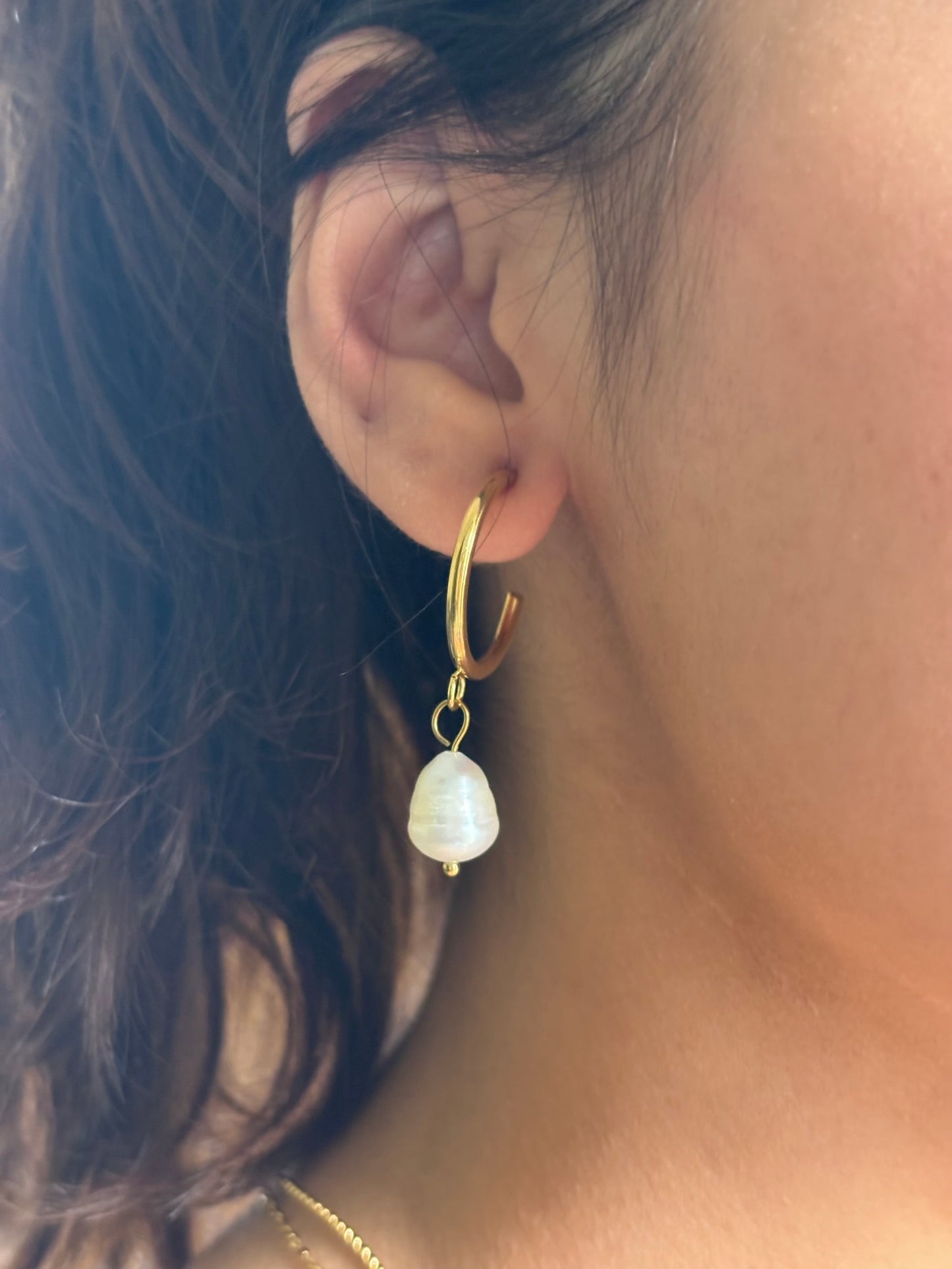 18k Gold Plated Pearl Drop Hoop Earrings - Ophelia