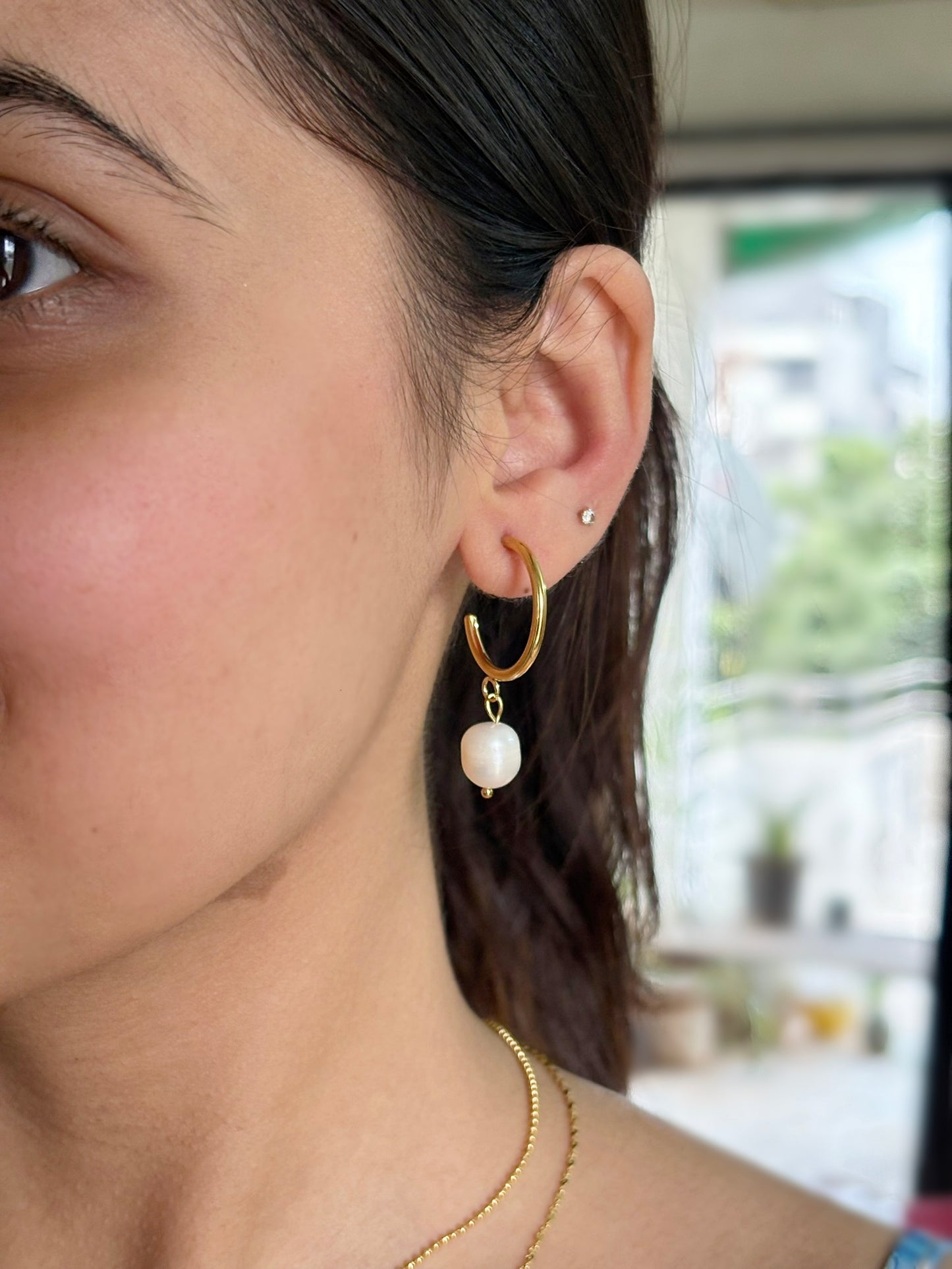 18k Gold Plated Pearl Drop Hoop Earrings - Ophelia