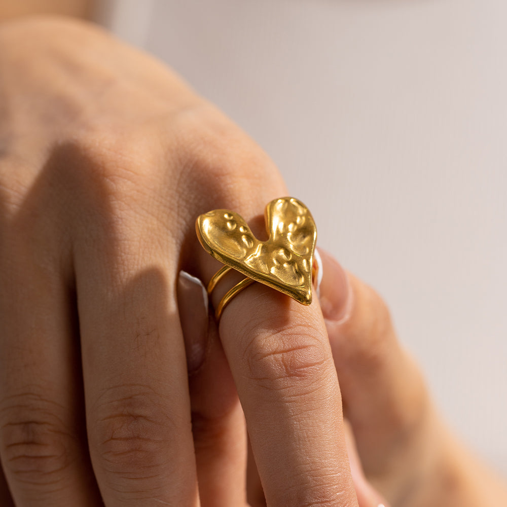 18k Gold Plated Hammered Heart Open Ring - Rosella