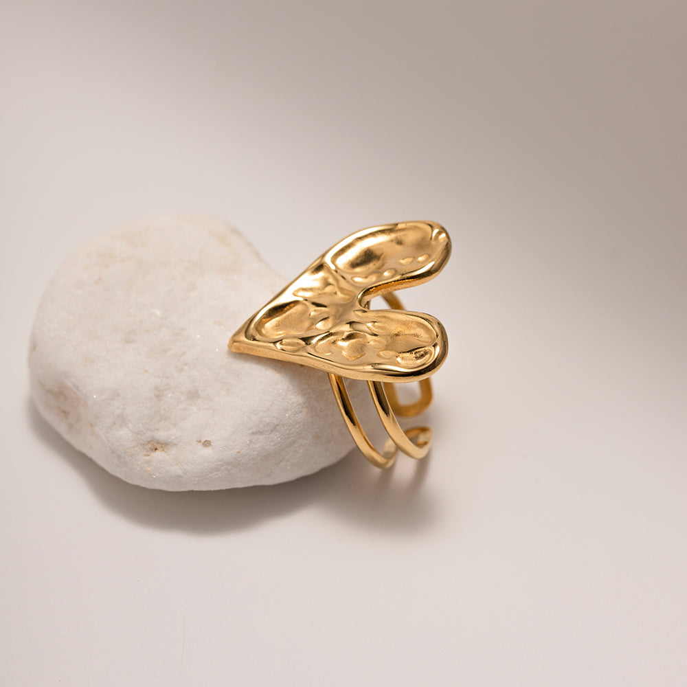 18k Gold Plated Hammered Heart Open Ring - Rosella