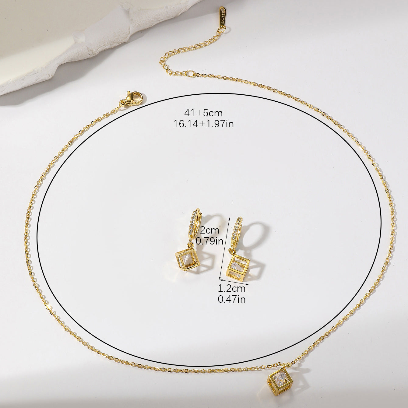 18K Gold Plated Diamond Cube Set - Necklace And Earrings | Waterproof & Anti Tarnish