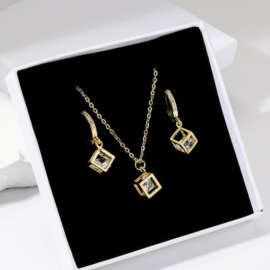 18K Gold Plated Diamond Cube Set - Necklace And Earrings | Waterproof & Anti Tarnish