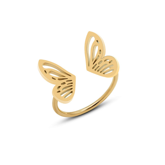 An 18k gold plated open ring with butterfly wing designs on the top part, displayed against a white background. Lilyah Jewelry Gold Plated Ring . Stunning, minimalistic, adjustable, elegant and statement ring. Gift idea for her.