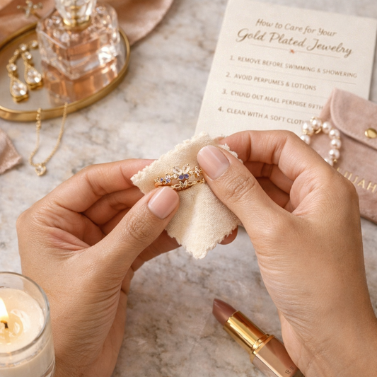 A picture where a woman is taking care of her gold plated jewelry. There a guide on how to care for your gold plated jewelry. It’s Pinterest, aesthetic and gorgeous