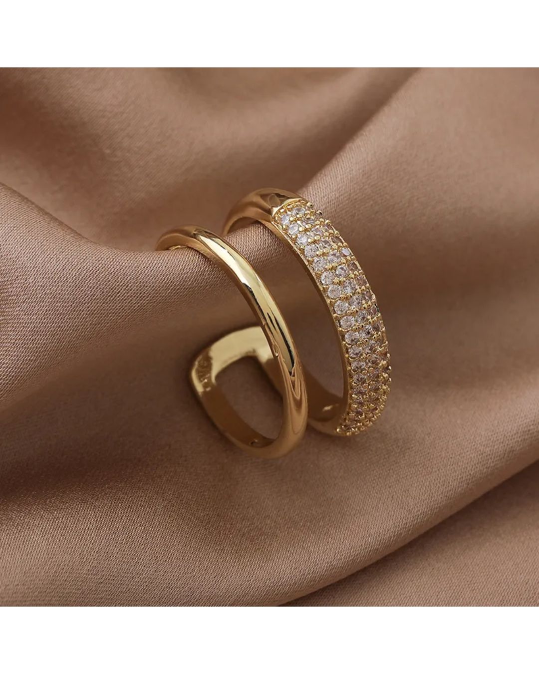 Lilyah Jewelry Gold Plated Zircon Diamond Ring. adjustable promise ring. accents of gold and diamonds. 
Two layers to the ring, one gold plated band and the other has diamonds.