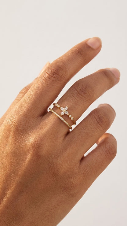 18K Gold Plated Floral Marquise Zircon Open Stack Ring - Starlit Bloom
