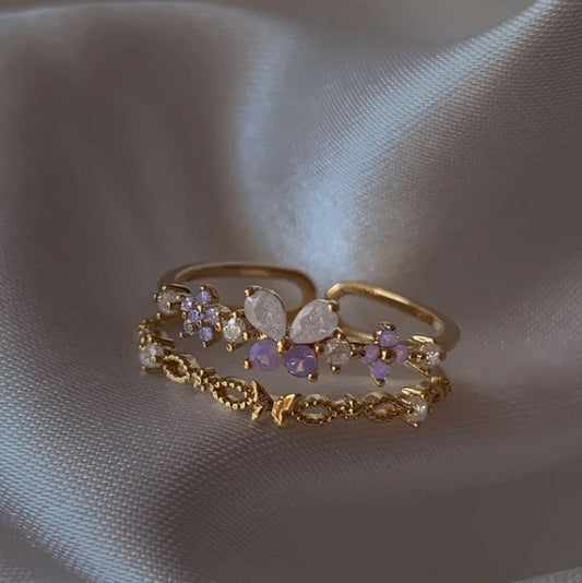 Flora - 18K Gold Plated Purple Butterfly Diamond Adjustable Ring