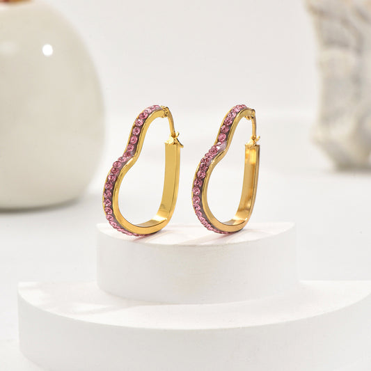 Pink Crystal Studded Heart Shaped  Gold Plated Hoops