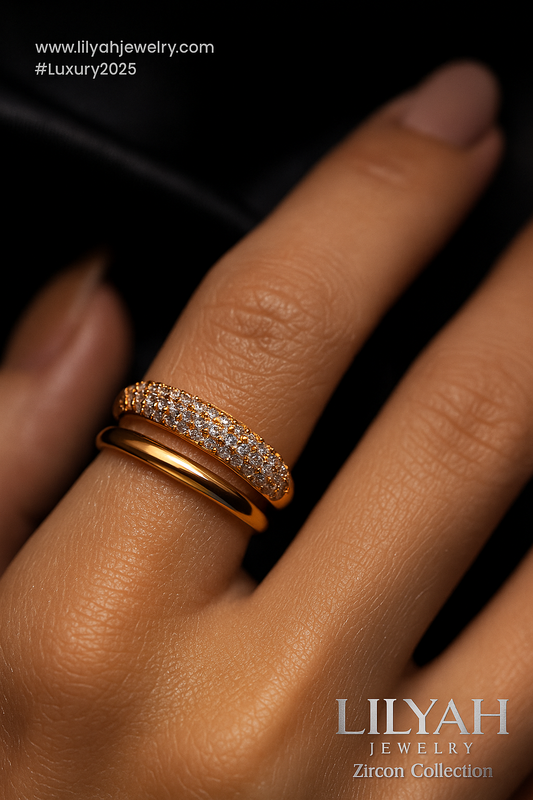 Gold plated ring on a hand with 'LILYAH JEWELRY' branding.
Lilyah Jewelry Gold Plated Zircon Diamond Ring. adjustable promise ring. two layers accents of gold and diamonds