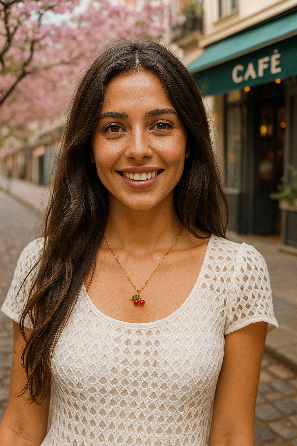 Lilyah Jewelry gold plated Necklace. Woman with long dark hair wearing a white lace top and gold necklace, standing in front of a café with cherry blossoms.