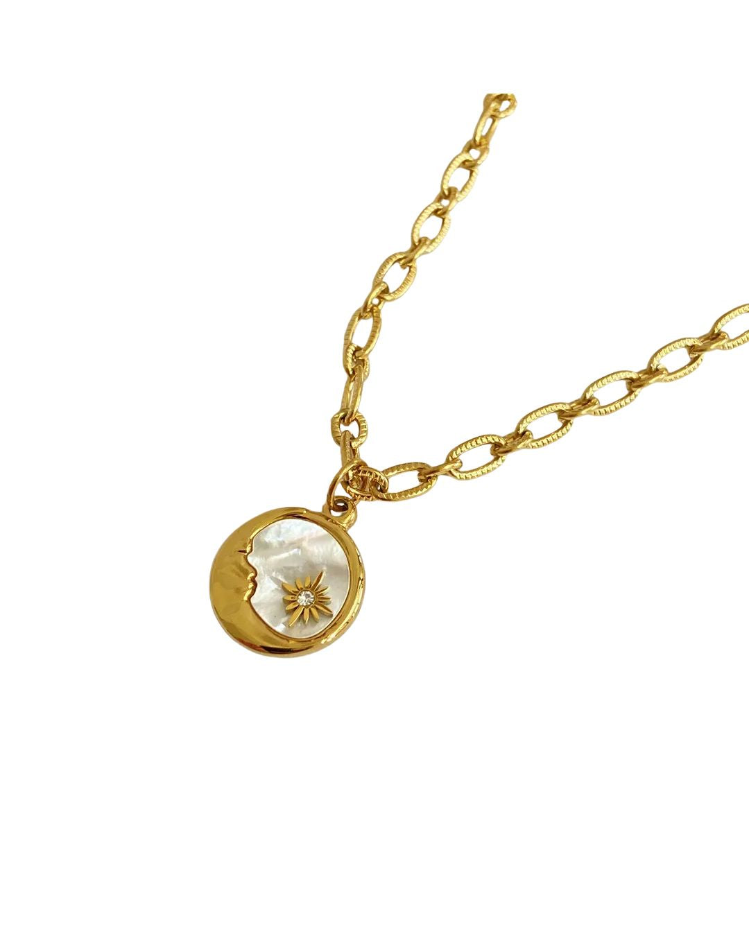 Lilyah Jewelry gold plated Necklace with a circular pendant of half mood and star on a white background