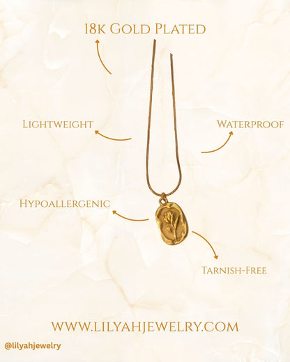 18K Gold Plated Oval Rose Medallion Snake Chain Necklace - Golden Rose