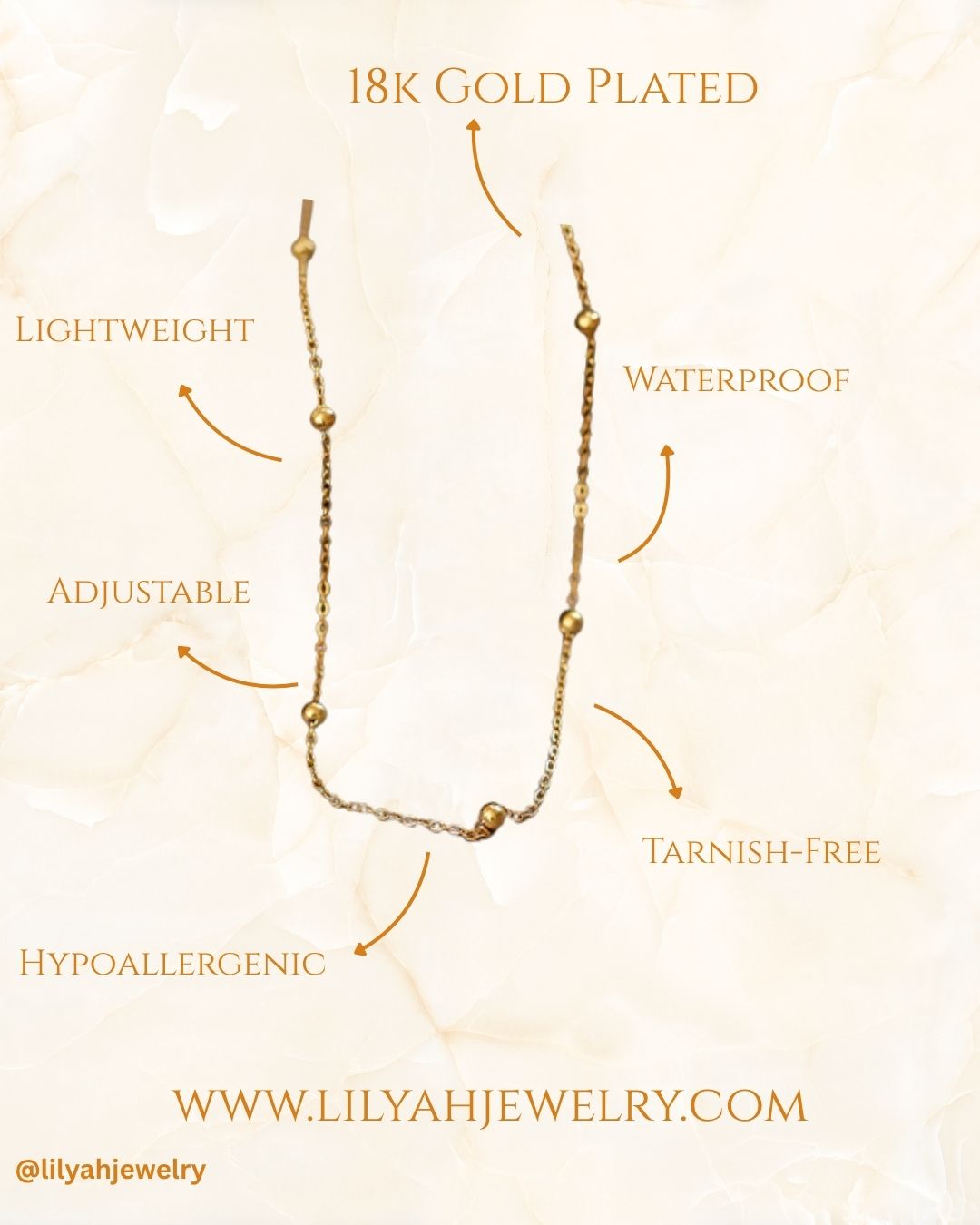 Lilyah Jewelry's Gold necklace with features labeled on a light background, including '18K Gold Plated', 'Lightweight', 'Adjustable', 'Waterproof', 'Tarnish-Free', and 'Hypoallergenic'.