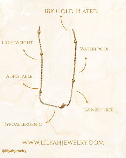 Lilyah Jewelry's Gold necklace with features labeled on a light background, including '18K Gold Plated', 'Lightweight', 'Adjustable', 'Waterproof', 'Tarnish-Free', and 'Hypoallergenic'.