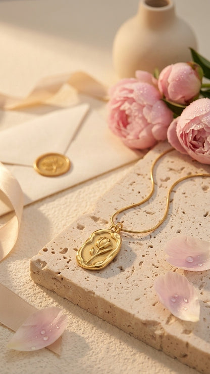 18K Gold Plated Oval Rose Medallion Snake Chain Necklace - Golden Rose