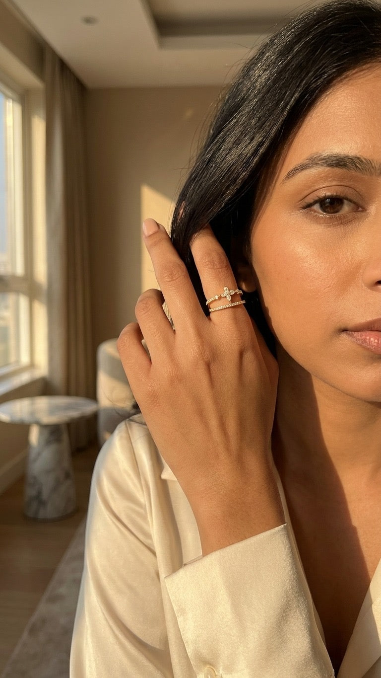 18K Gold Plated Floral Marquise Zircon Open Stack Ring - Starlit Bloom