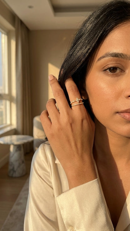 18K Gold Plated Floral Marquise Zircon Open Stack Ring - Starlit Bloom