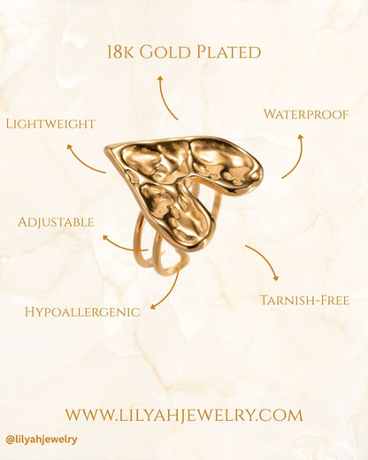 18k Gold Plated Hammered Heart Open Ring - Rosella
