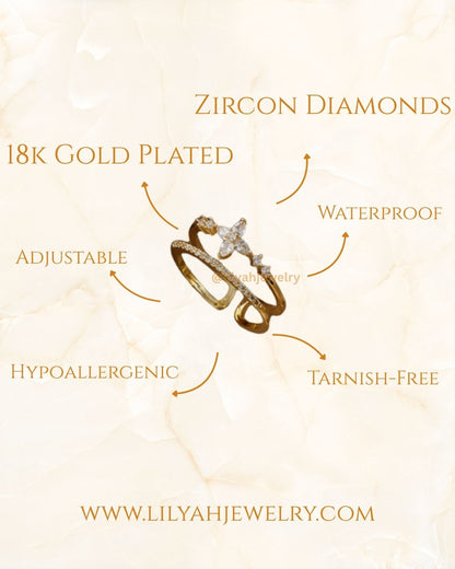 18K Gold Plated Floral Marquise Zircon Open Stack Ring - Starlit Bloom