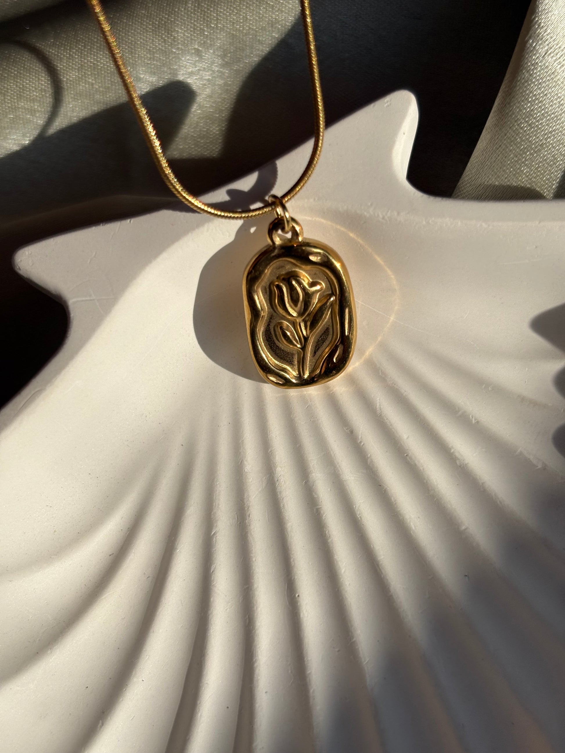 Lilyah Jewelry Necklace. Gold plated necklace with a pendant on a shell under the sunlight