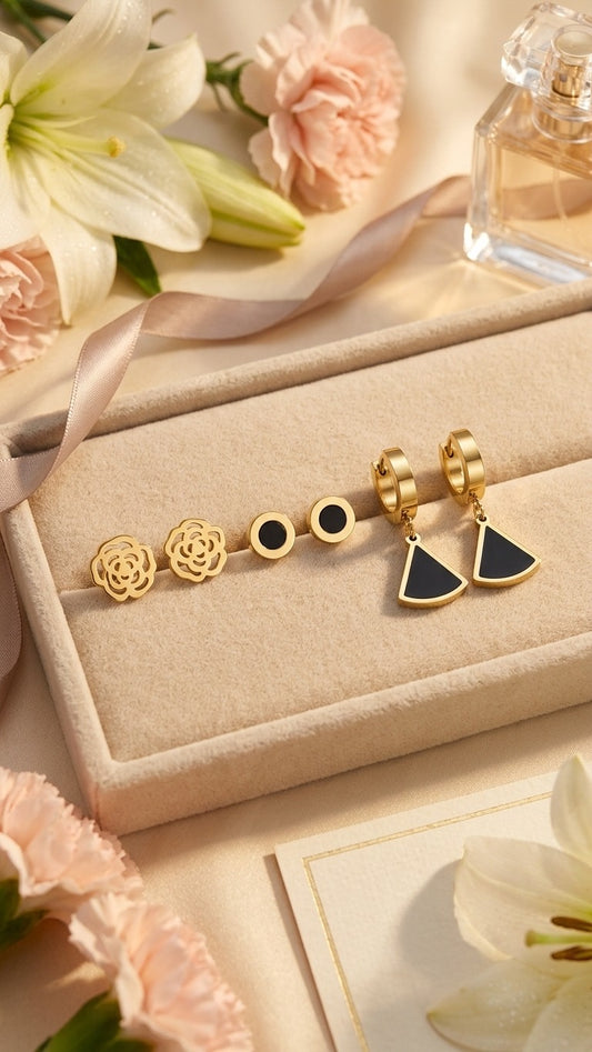 Black Earrings Set - Gold Plated Earring Set