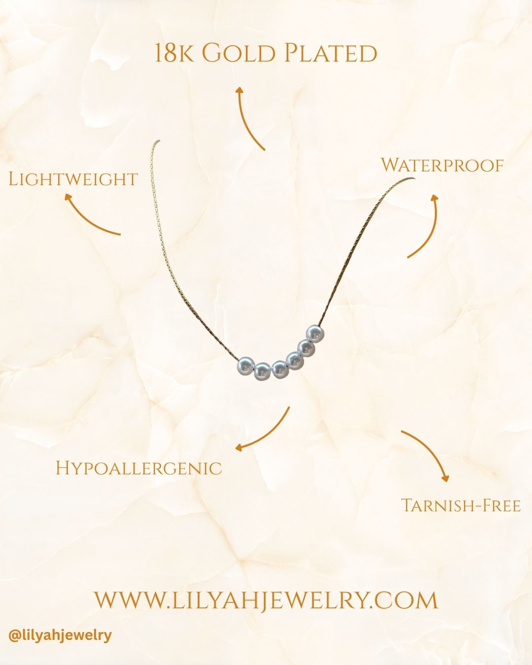 Pearl necklace with gold plating on a light beige background, featuring text about product features - it is 18k gold plated, waterproof, lightweight, tarnish free and hypoallergenic.