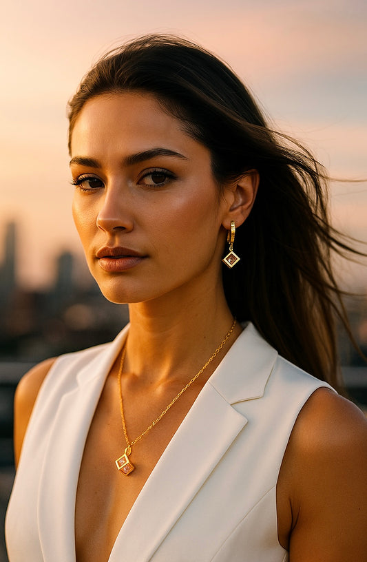 18K Gold Plated Diamond Cube Set - Necklace And Earrings | Waterproof & Anti Tarnish