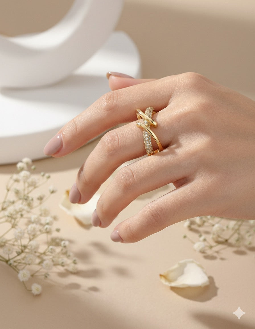 Lilyah Jewelry Gold Plated Zircon Diamond Ring. adjustable promise ring. accents of gold and diamonds. Hand wearing a gold ring with a diamond on a neutral background