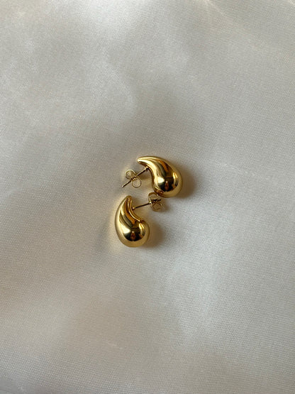 Lilyah Jewelry Gold Plated Earring. A pair of 18k gold plated golden drop stud earrings on a white surface.