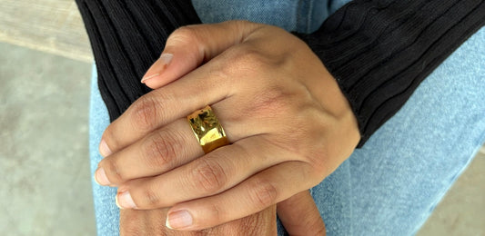 18k Gold Plated Wide Band Textured Open Ring - Vesper