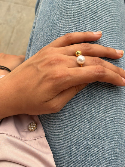 Lilyah Jewelry Gold Plated Ring . Stunning, minimalistic, adjustable, elegant and statement ring. Gift idea for her. Golden and pearl ring