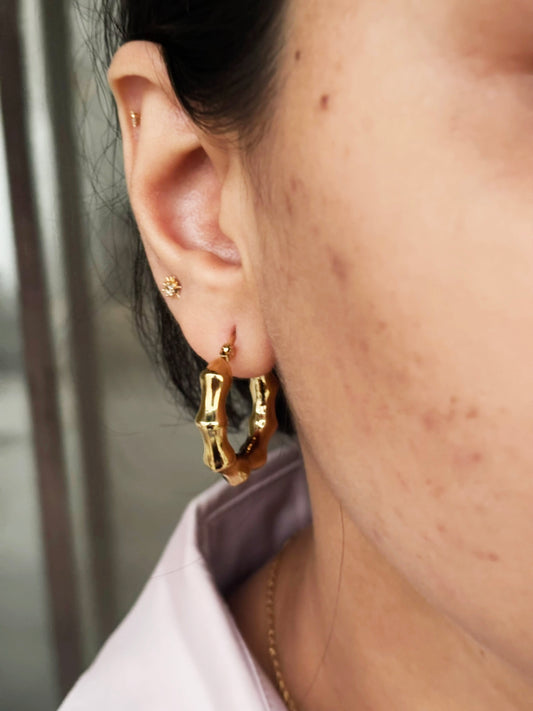 18k Gold Plated Textured Bamboo Hoop Earrings - Po