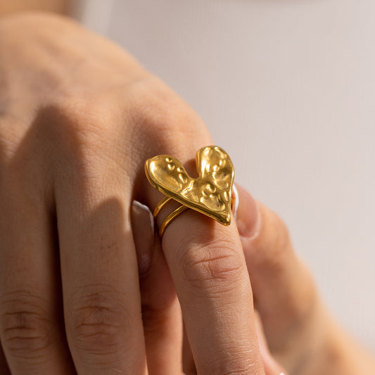 18k Gold Plated Hammered Heart Open Ring - Rosella