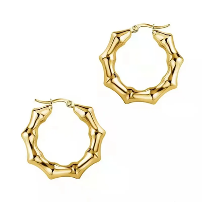 A pair of 18k gold plated textured bamboo hoop earrings. Lilyah Jewelry Gold Plated Earring. Gift Ideas for her.