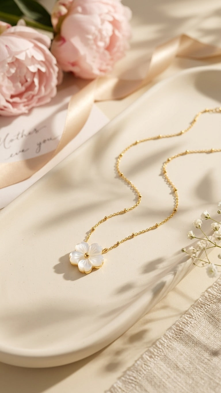Beautiful white flower with beaded chain, 18k gold plated necklace. The necklace is on a soft white and pink background giving soft gift aesthetic vibe.